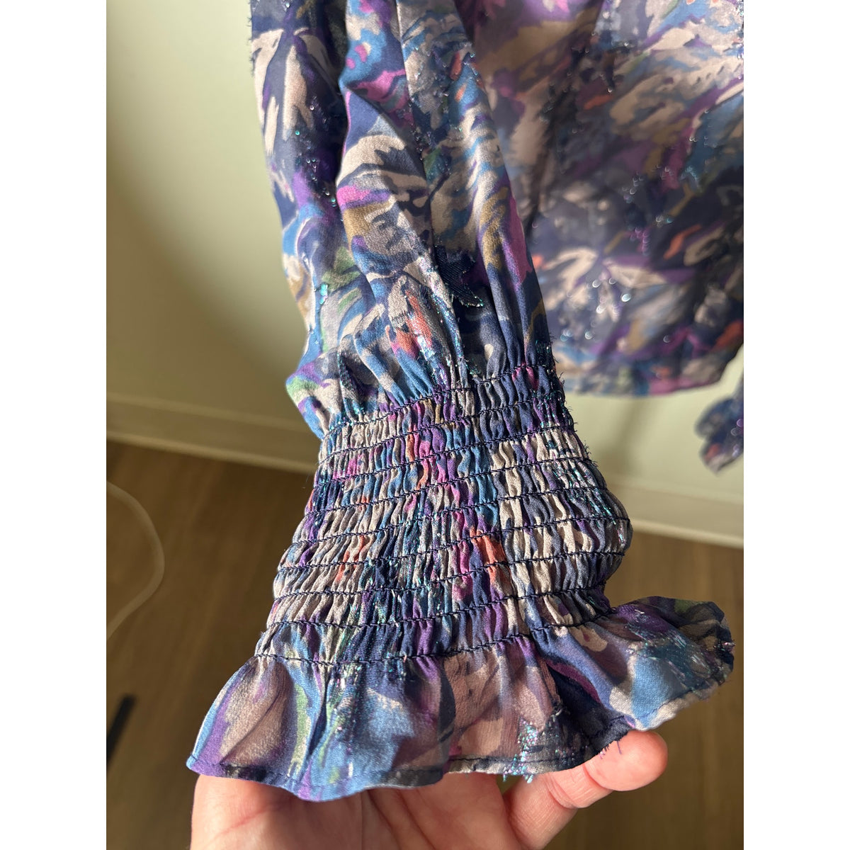 Rebecca Taylor Dark Blue and Purple Long Sleeve High Smocked Neck Blouse Sz 6