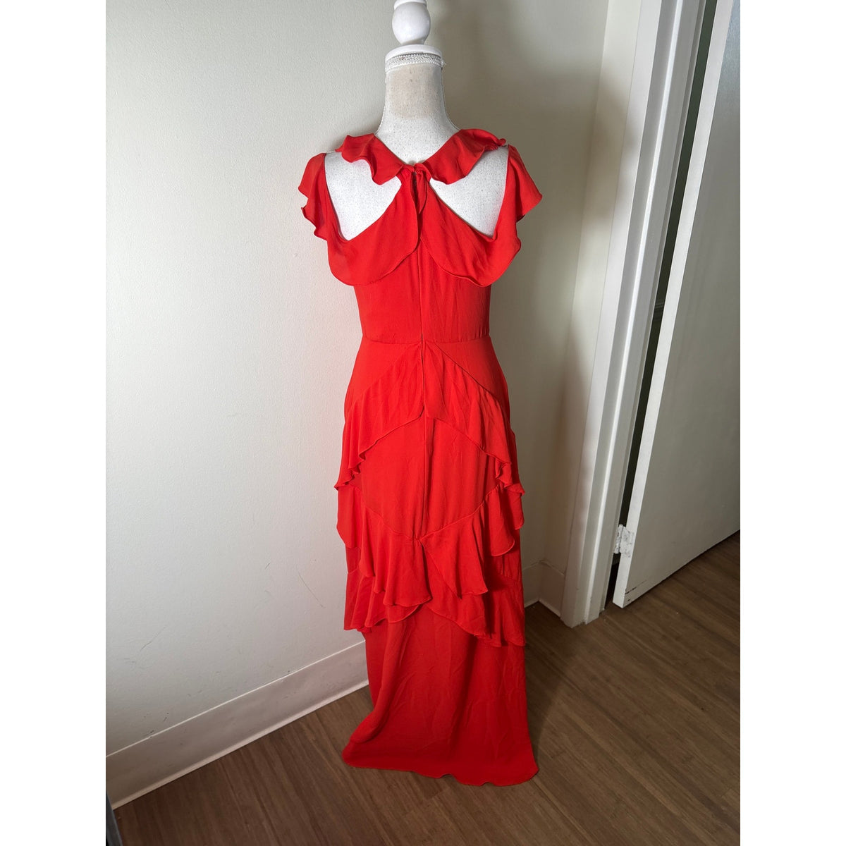 BCBG Red Cold Shoulder Ruffle Audrianna Gown Sz 2