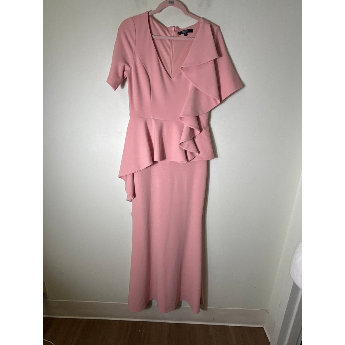 Badgley Mischka Blush Pink Half Sleeve Floor Length Ruffle Gown Sz 6