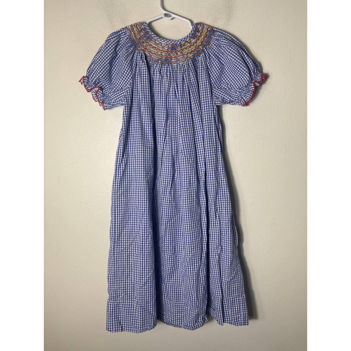 Girls Vintage Blue&White Check puff sleeve Dress Smocked Sz 6x