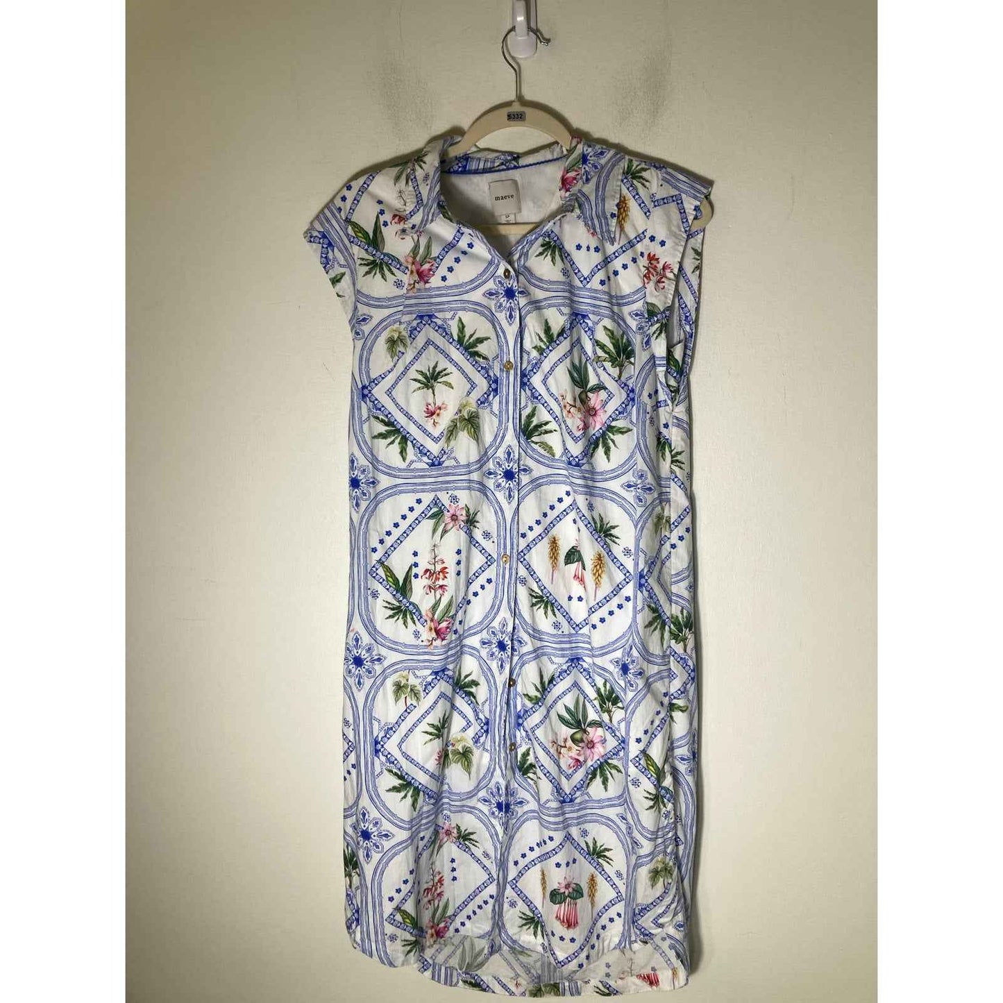 Maeve Anthropologie Blue White Floral Cap Sleeve Button Up Cotton Dress Sz S