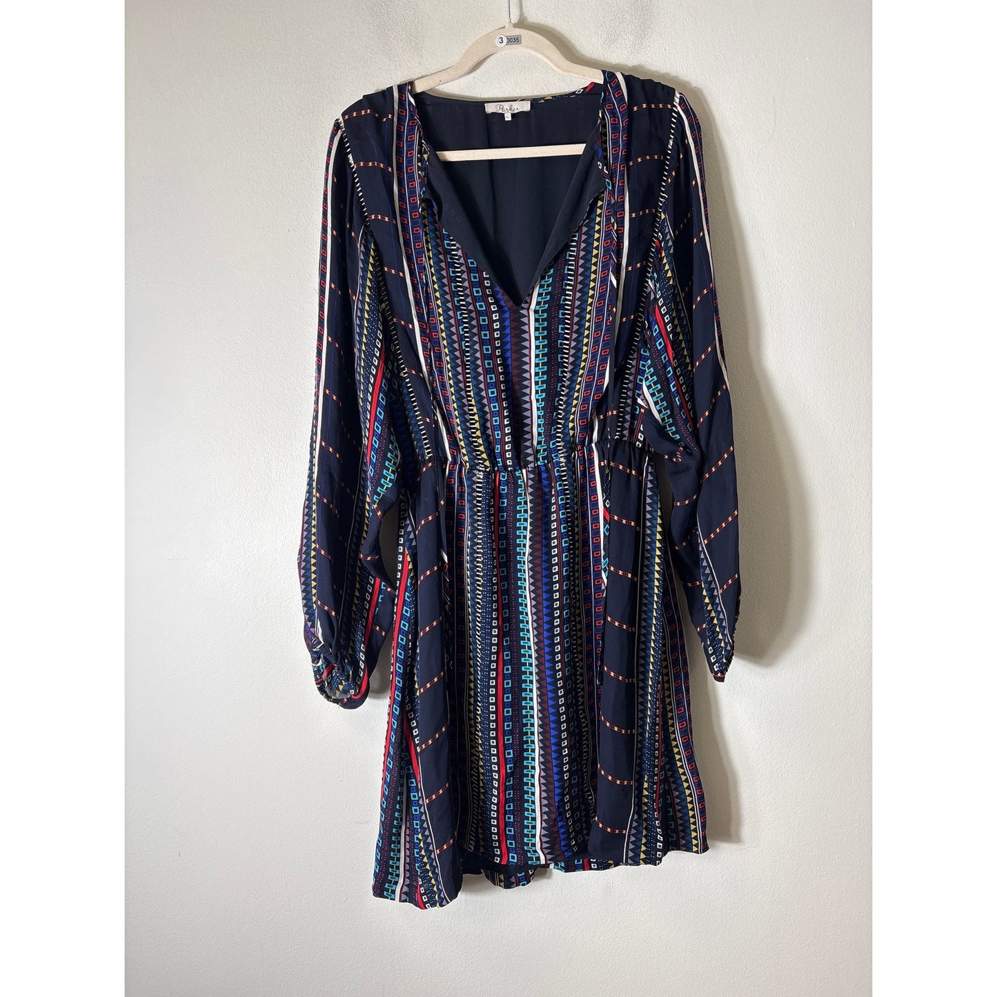 Parker Multicolor Geo Print Long Sleeve V-Neck Midi Dress Sz L