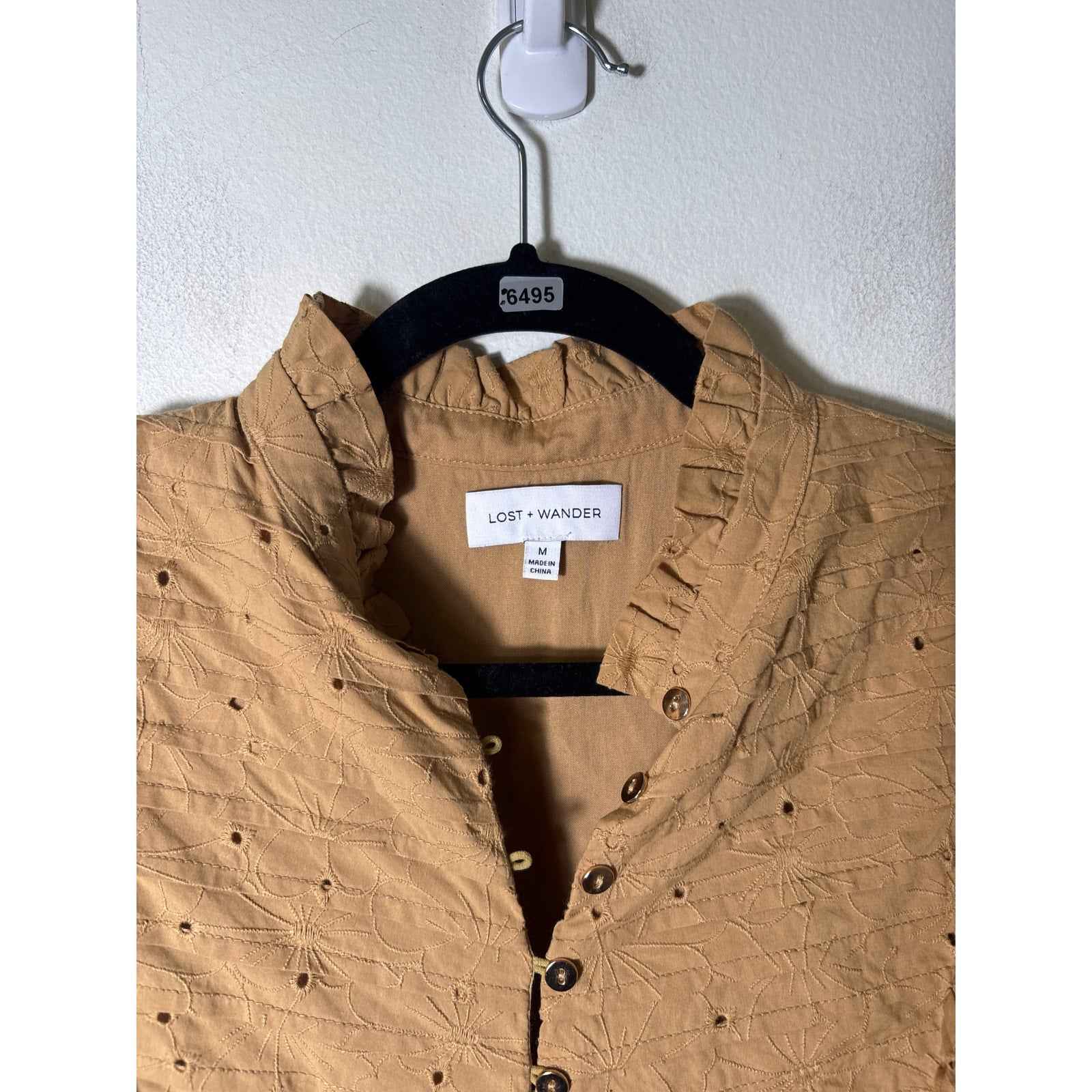 Lost + Wander Light Brown Flutter Sleeve Eyelet Mini Dress Sz M