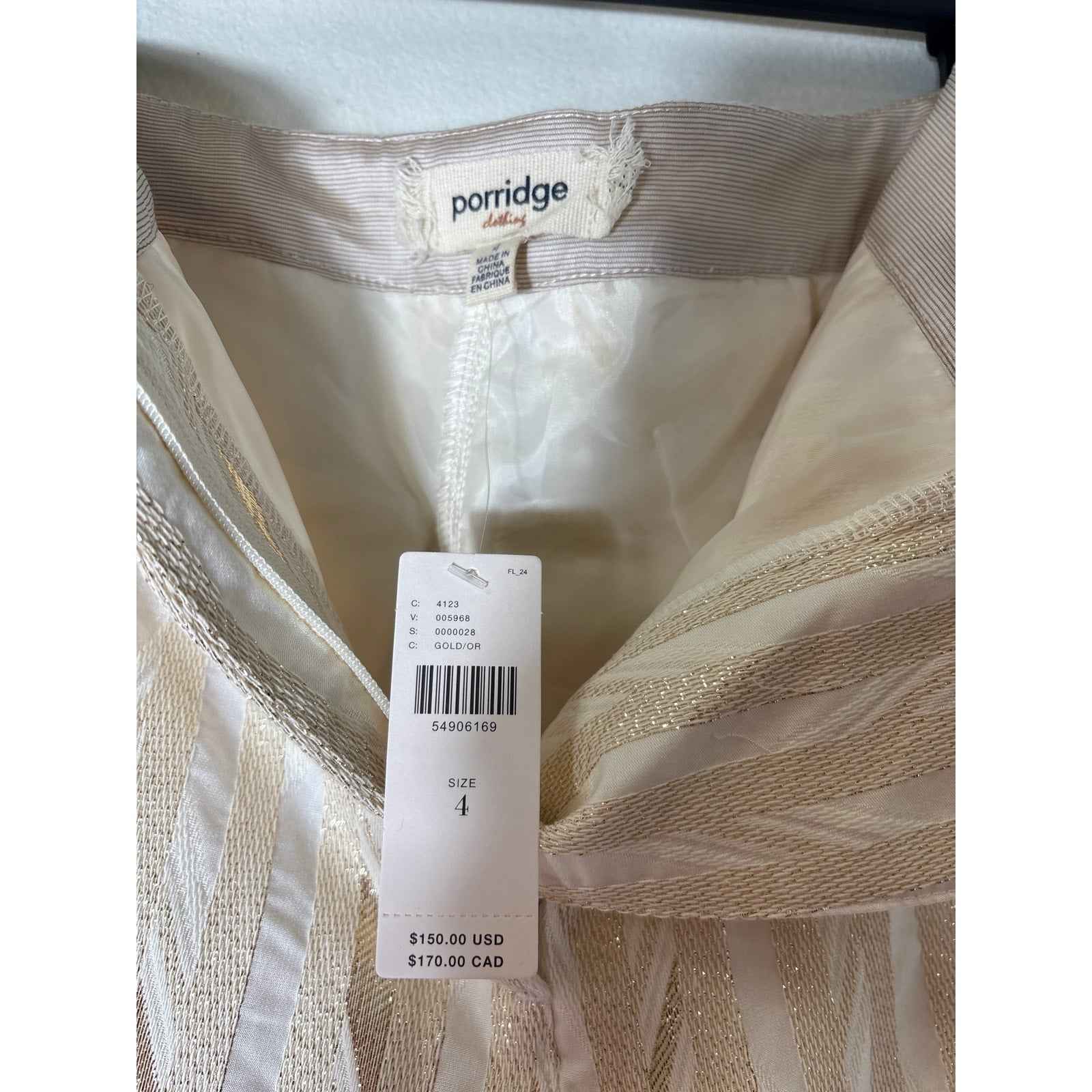 NWT Porridge Clothing Gold Flat Front Pants Sz 4