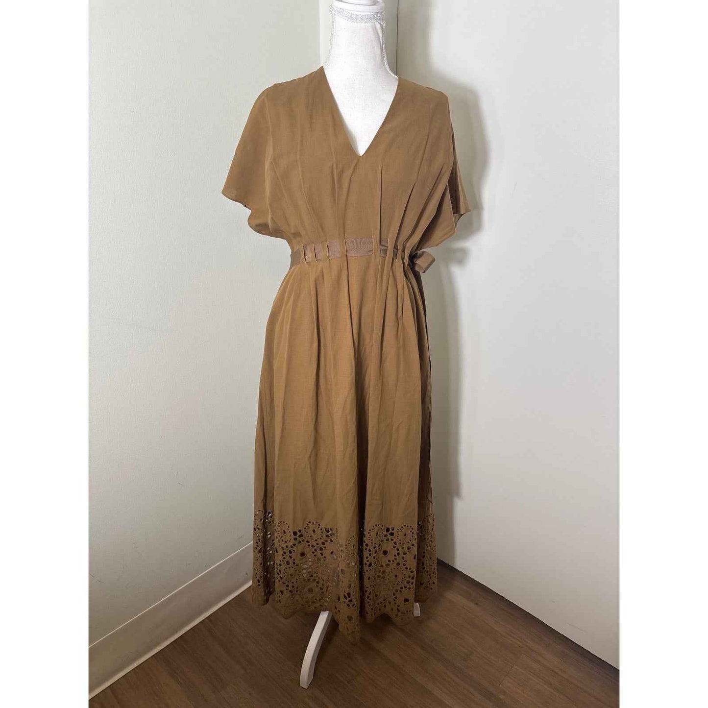 Pearl by Lela Rose Brown Cap Sleeve V-Neck Cotton Maxi Dress Sz 2