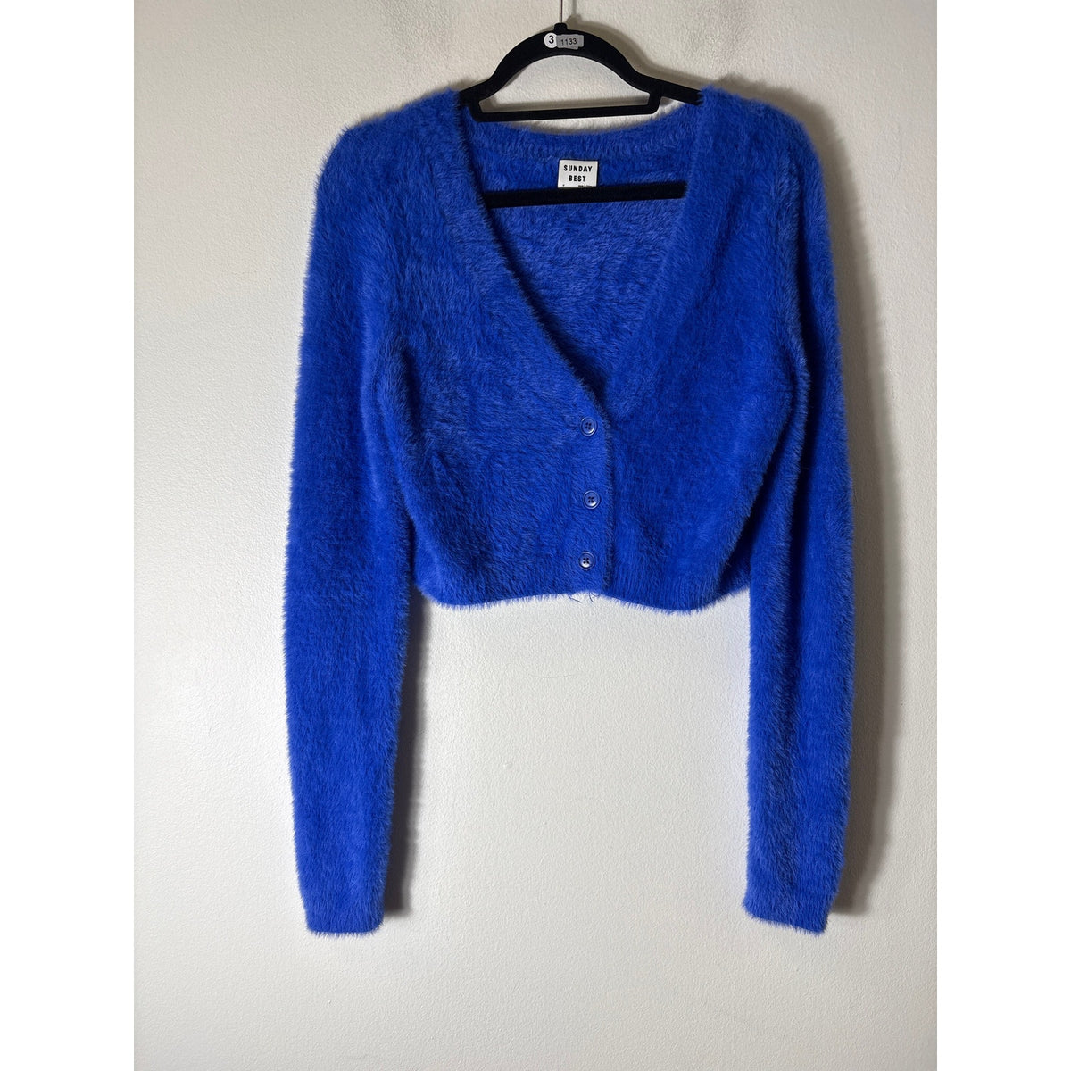 Sunday Best Bright Blue Long Sleeve Fuzzy CROPPED Cardigan Sweater Sz M
