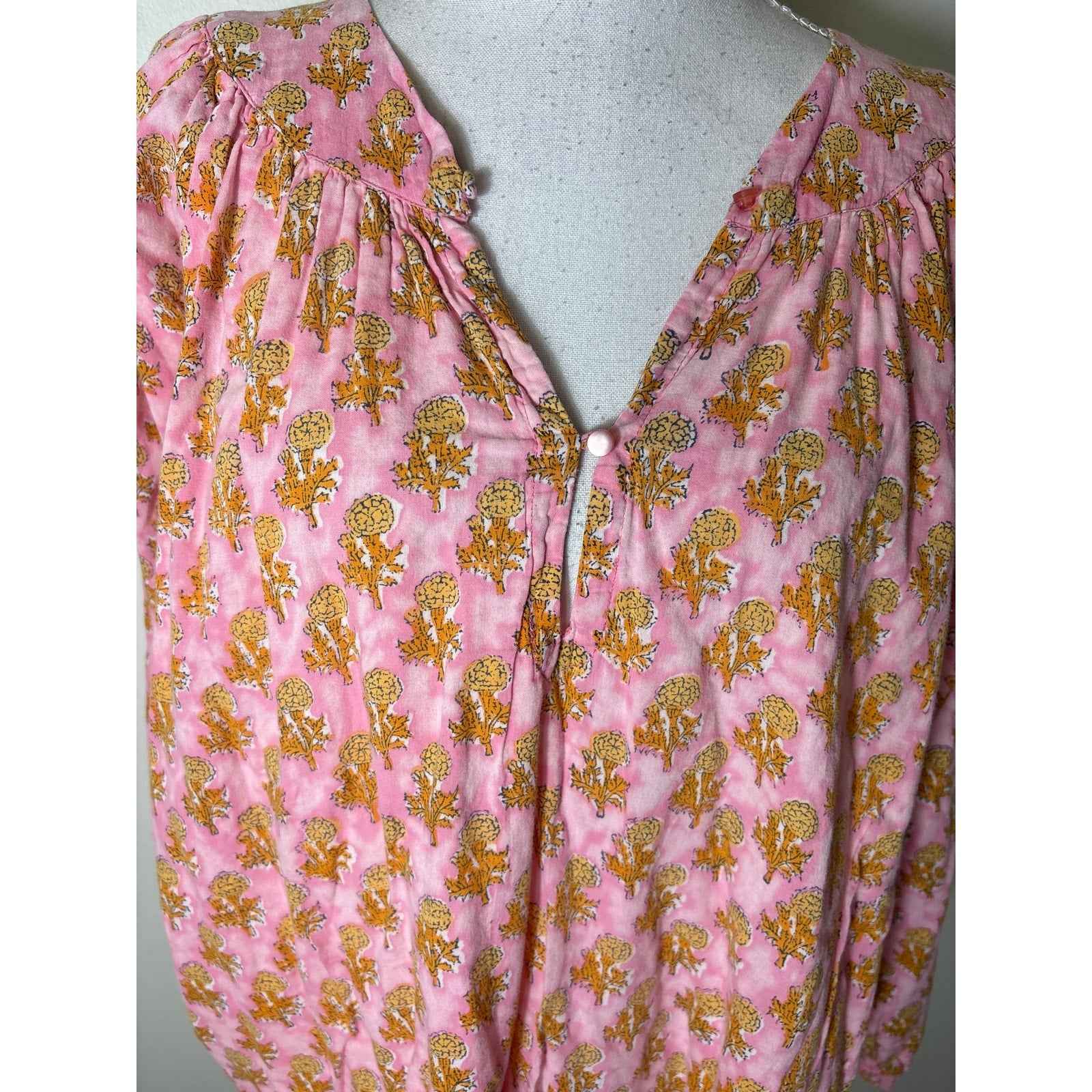 India Collection Pink and Orange Block Print Shirt sz M