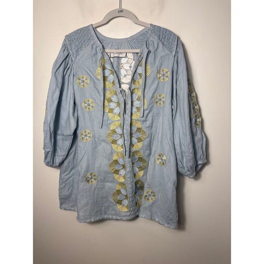 Innika Choo Blue and Green Embroidered Linen Mini Dress Sz One Size