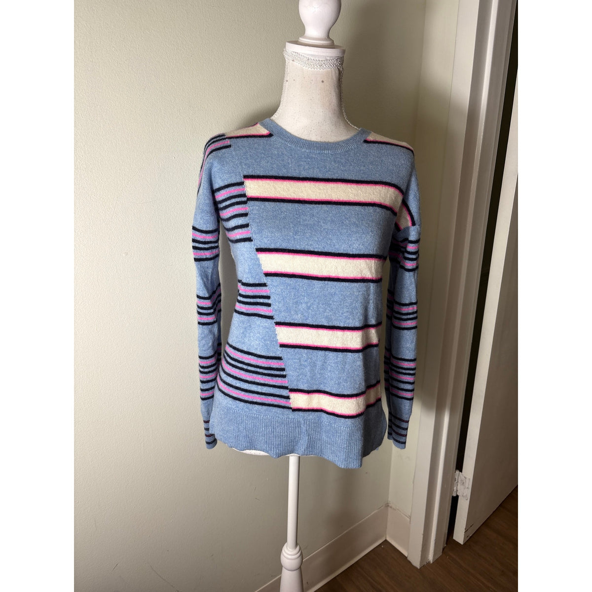 Aqua Blue and Pink Stripe Cashmere Sweater Sz XS