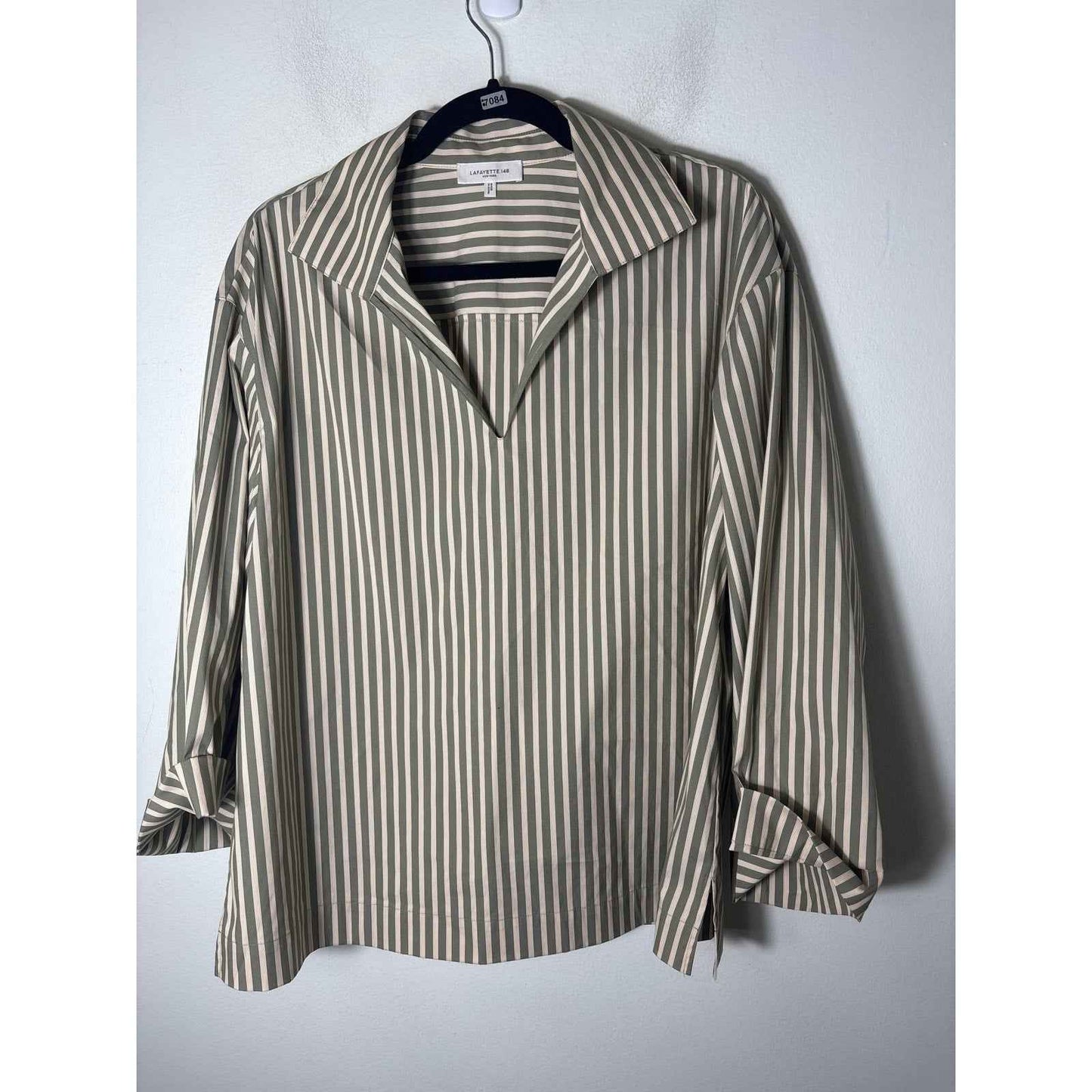 Lafayette 148 Off White Muted Green Long Sleeve Long Wide Sleeve Shirt Sz M