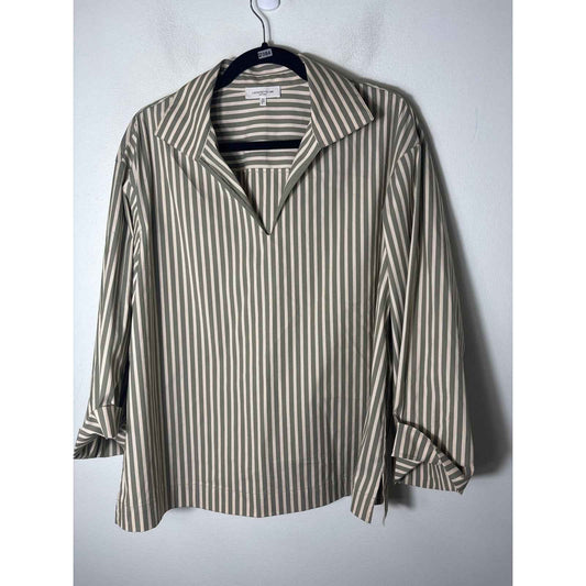 Lafayette 148 Off White Muted Green Long Sleeve Long Wide Sleeve Shirt Sz M