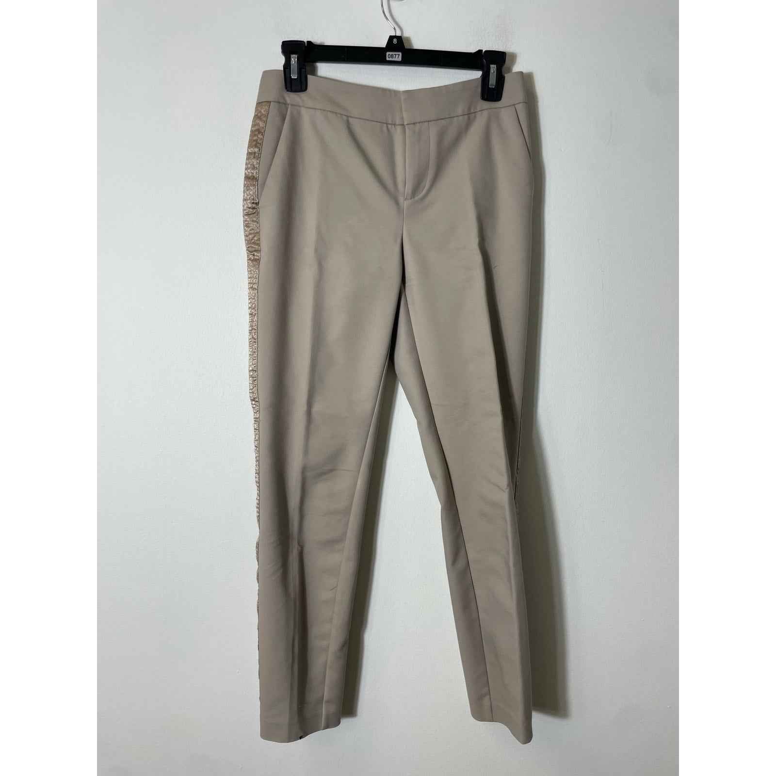 Ecru Taupe Flat Front Pants With Gold Side Strip Detail Sz 2