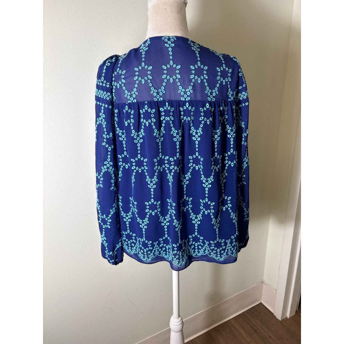 Shoshanna Dark Blue Teal Long Sleeve Semi Sheer Shirt Sz S