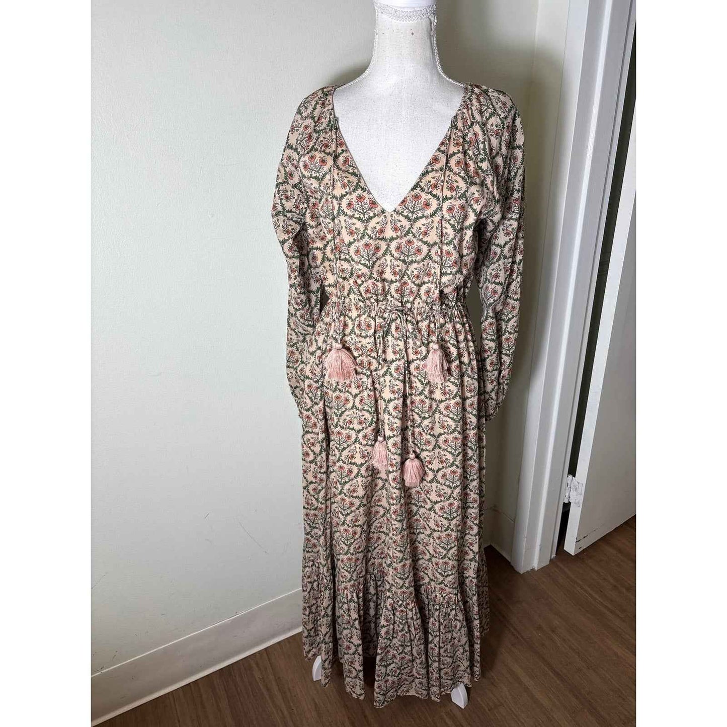 Roller Rabbit Tannish Pink Floral Long Sleeve Cotton Maxi Dress Sz S