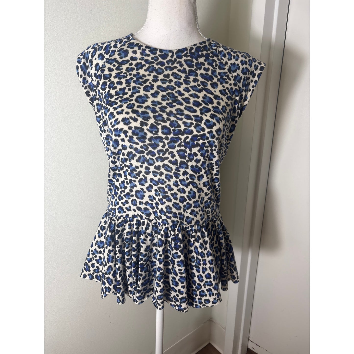 Rebecca Taylor Blue Cheetah Print Cap Sleeve Ruffle Hem Sz S