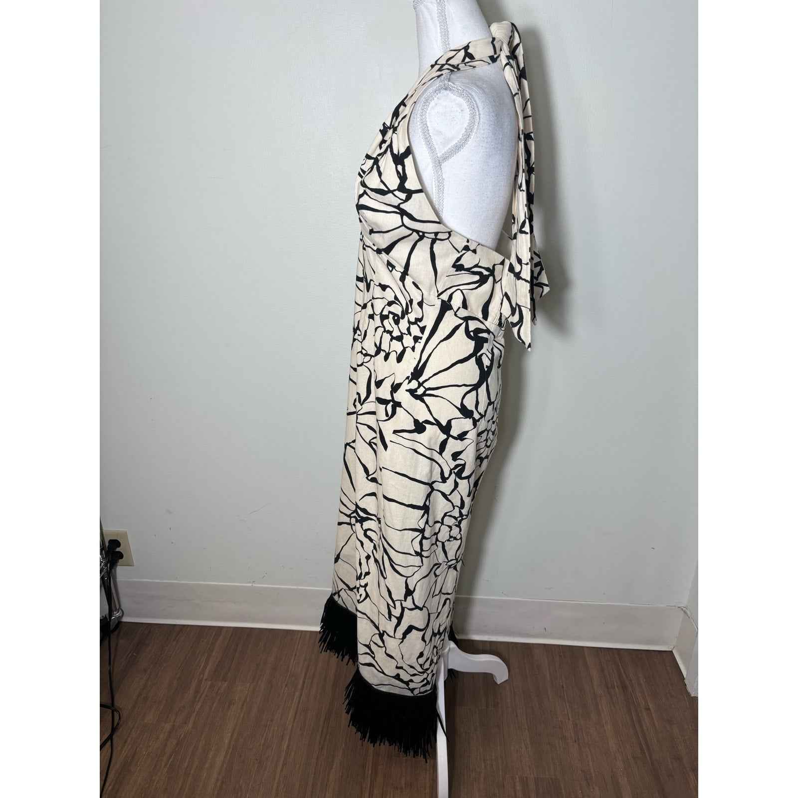 Antonio Melani Cream and Black Print Linen Blend Halter Special Occasion Dress Sz 12