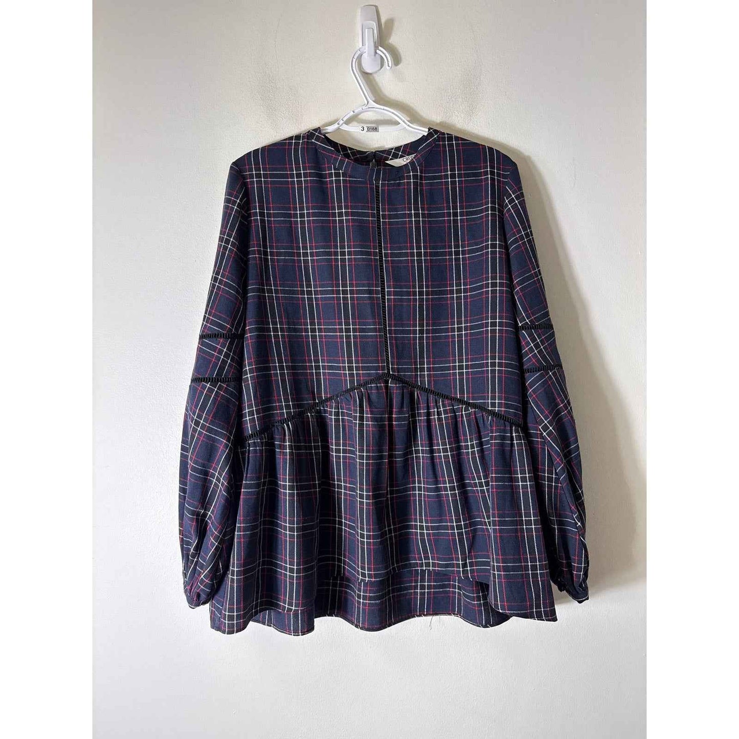 Crosby by Mollie Burch Navy Plaid Long Sleeve Peplum Top Sz L