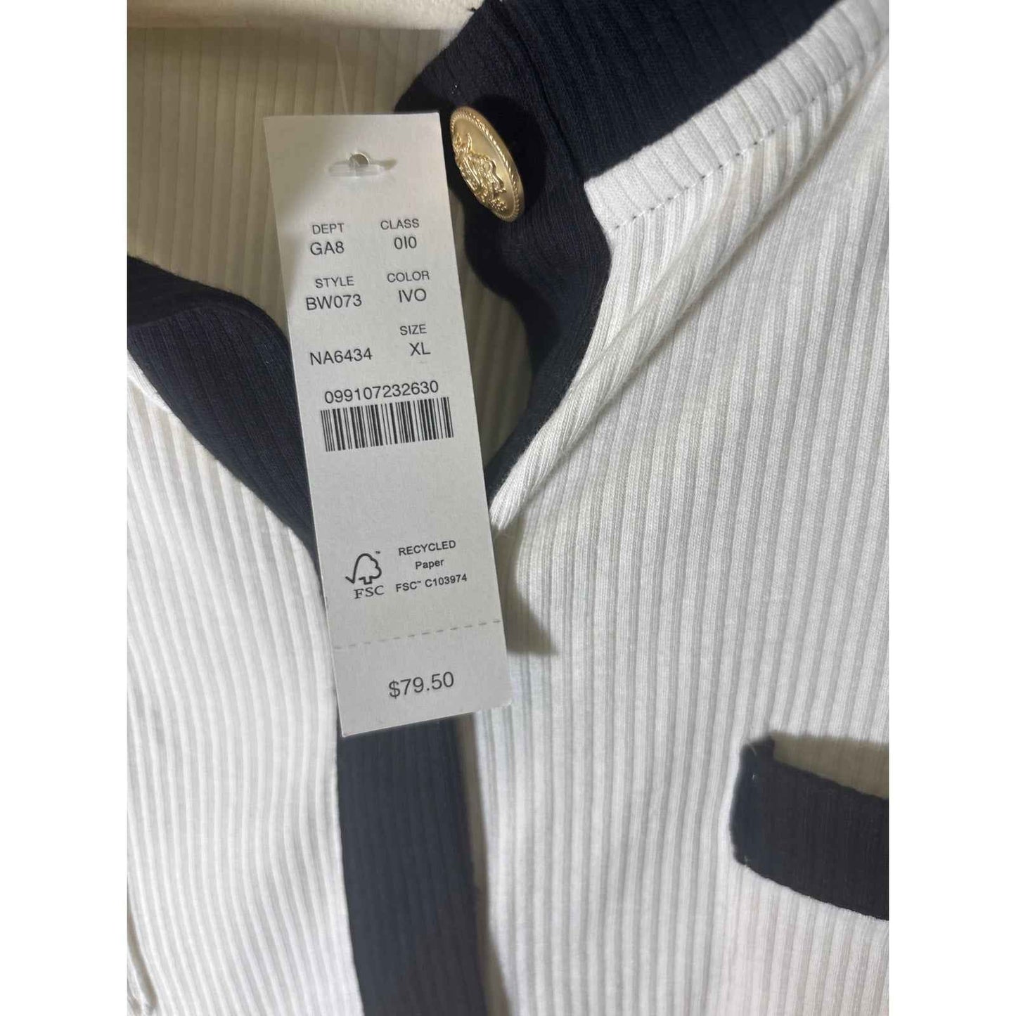 NWT J. Crew Black and Off White Long Sleeve Ribbed Shirt Sz XL