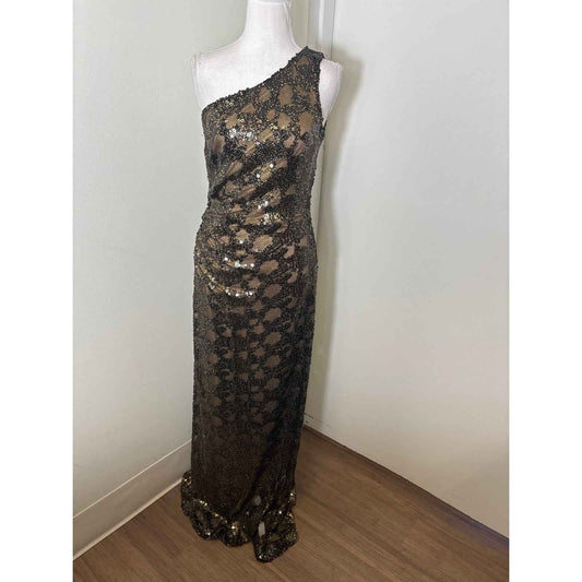 David Meister Black Gold Sequin One Shoulder Ruched Gown Sz 6