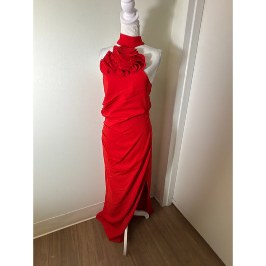 Mango MNG Capsule Red One Shoulder Floor Length Ruched Gown Sz 8