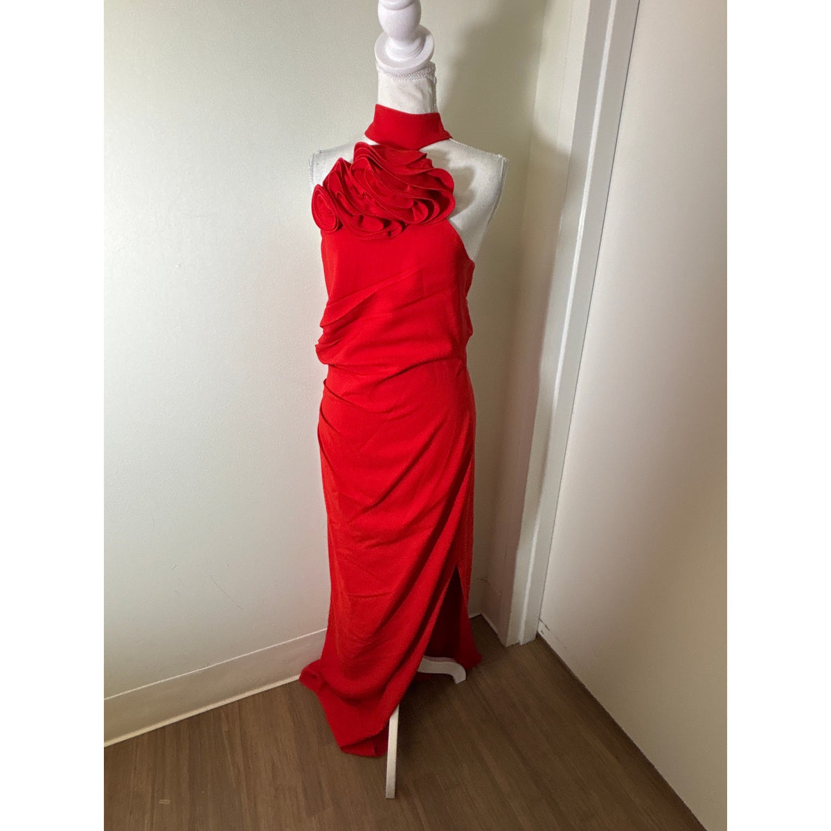 Mango MNG Capsule Red One Shoulder Floor Length Ruched Gown Sz 8