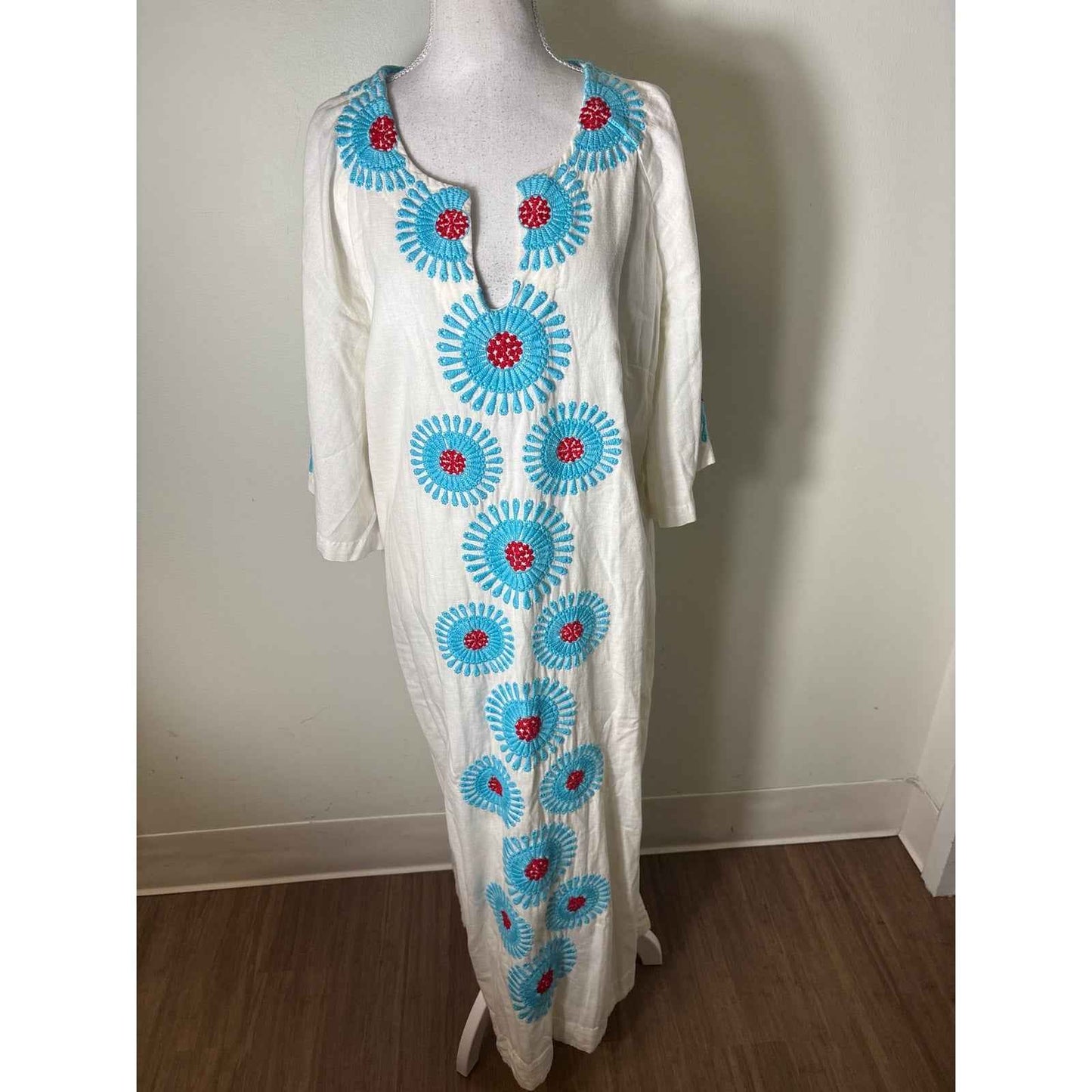 Frances Valentine White Teal and Red Linen Half Sleeve Maxi Dress Sz XL