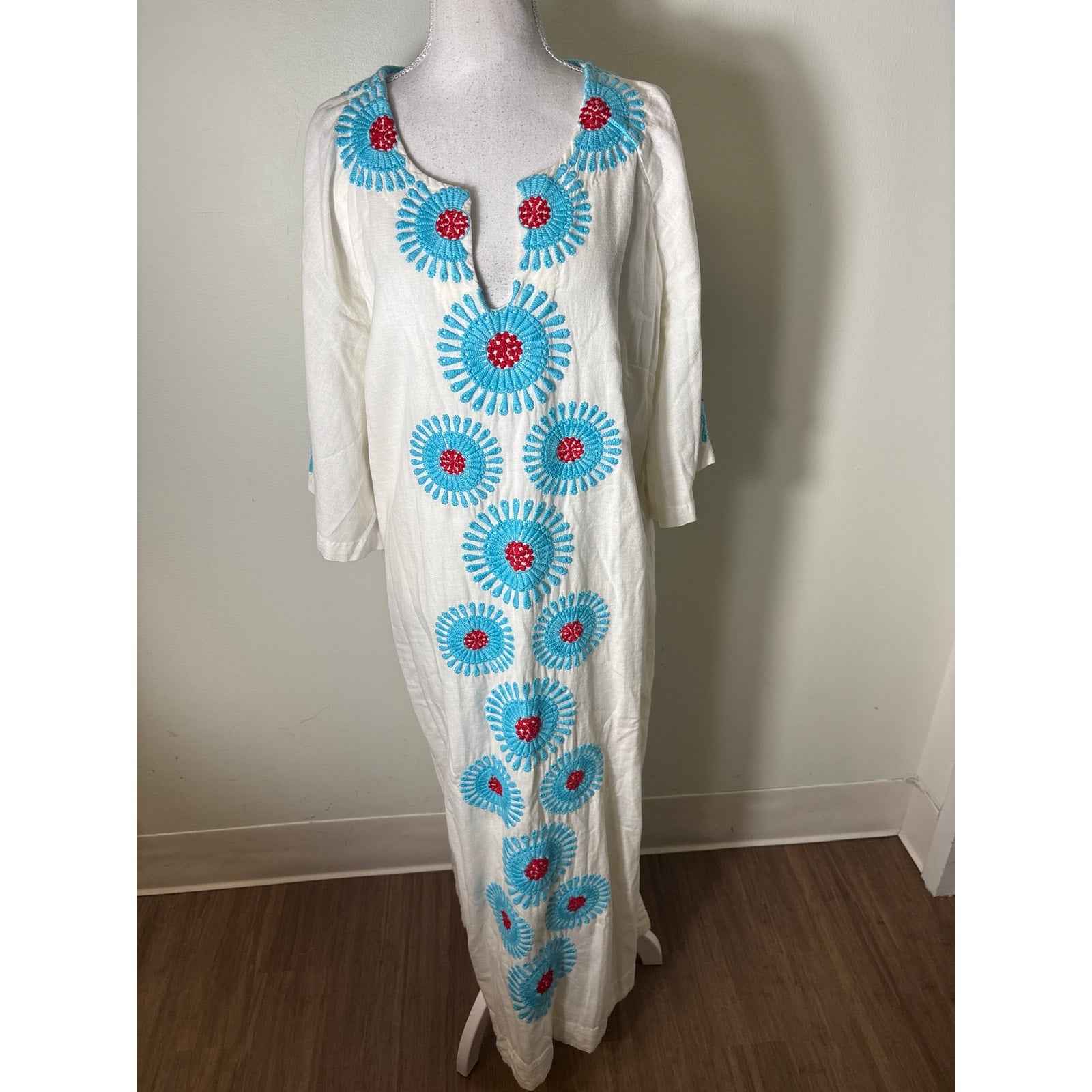 Frances Valentine White Teal and Red Linen Half Sleeve Maxi Dress Sz XL