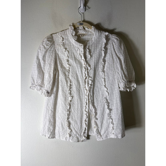 Boden White Eyelet Button Up Short Sleeve Top Sz 4