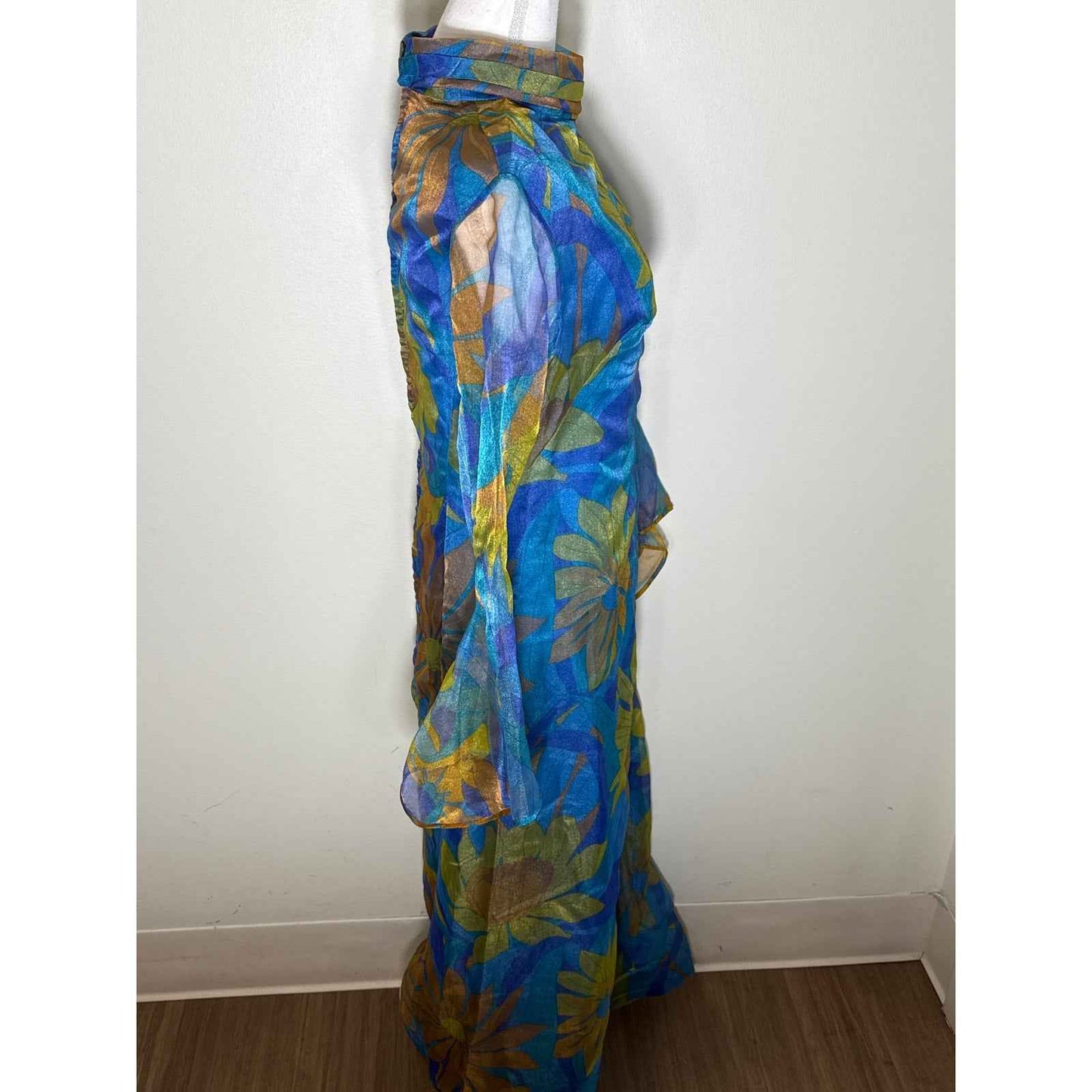 Gina Gaye Blue and Green Floral Overlay Maxi Dress Sz S/M