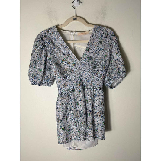Tory Burch Gray Puff Sleeve Fitted V-Neck Top Sz 2