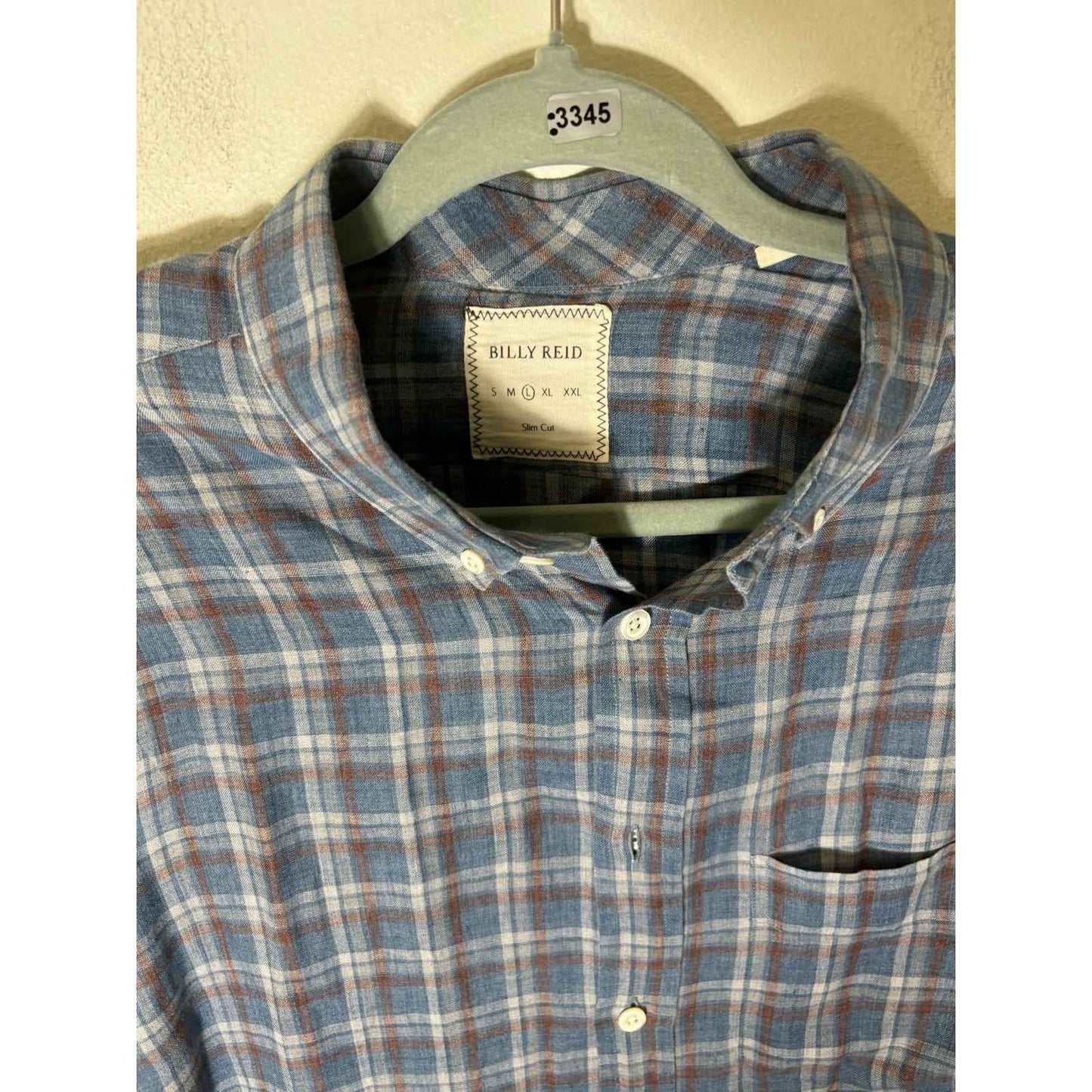 Men's Billy Reid Blue and Red Plaid Slim Cut Button Down Linen Shirt Sz L