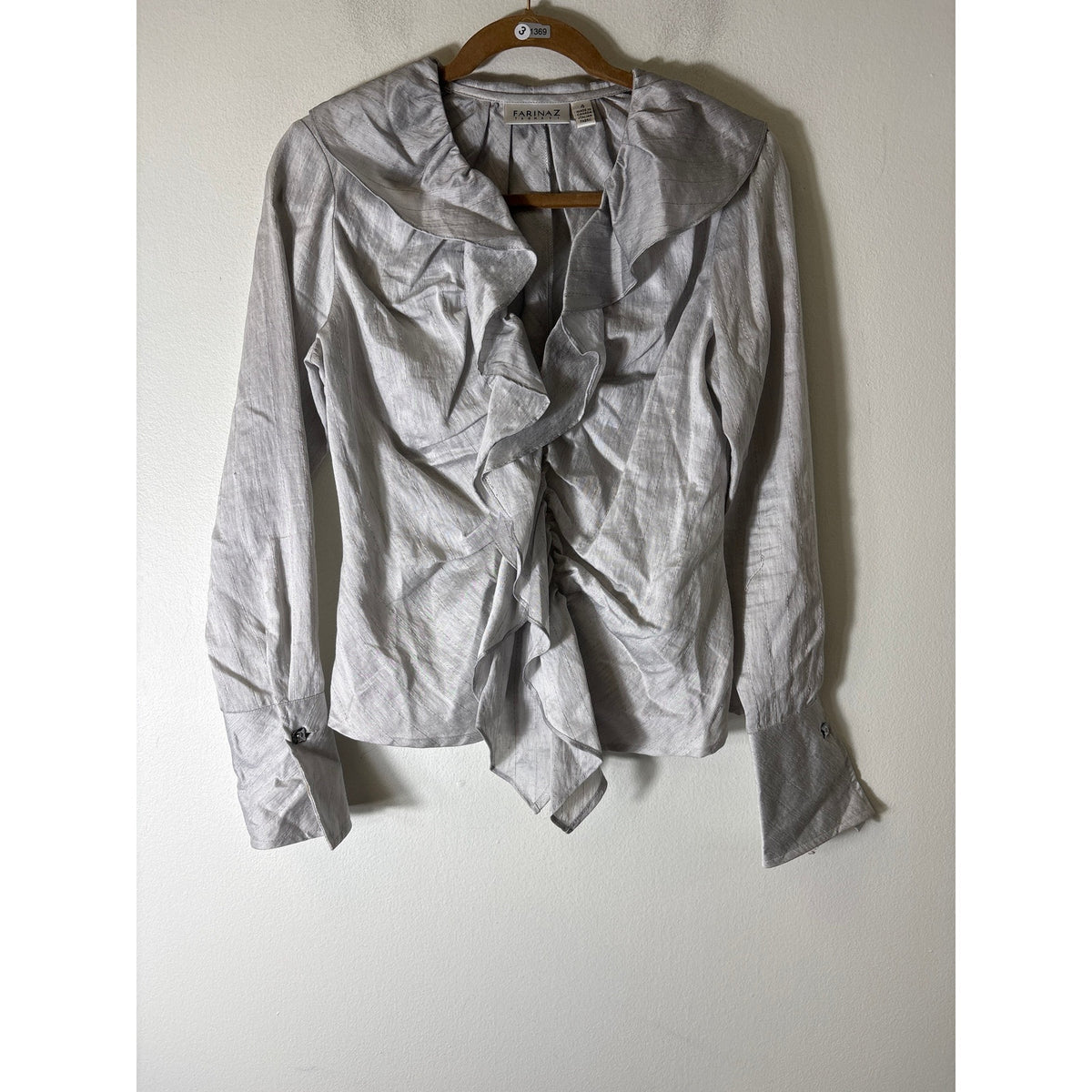 Farinaz Taghavi Silver Gray Long Sleeve Ruffle Cotton Shirt Sz 4