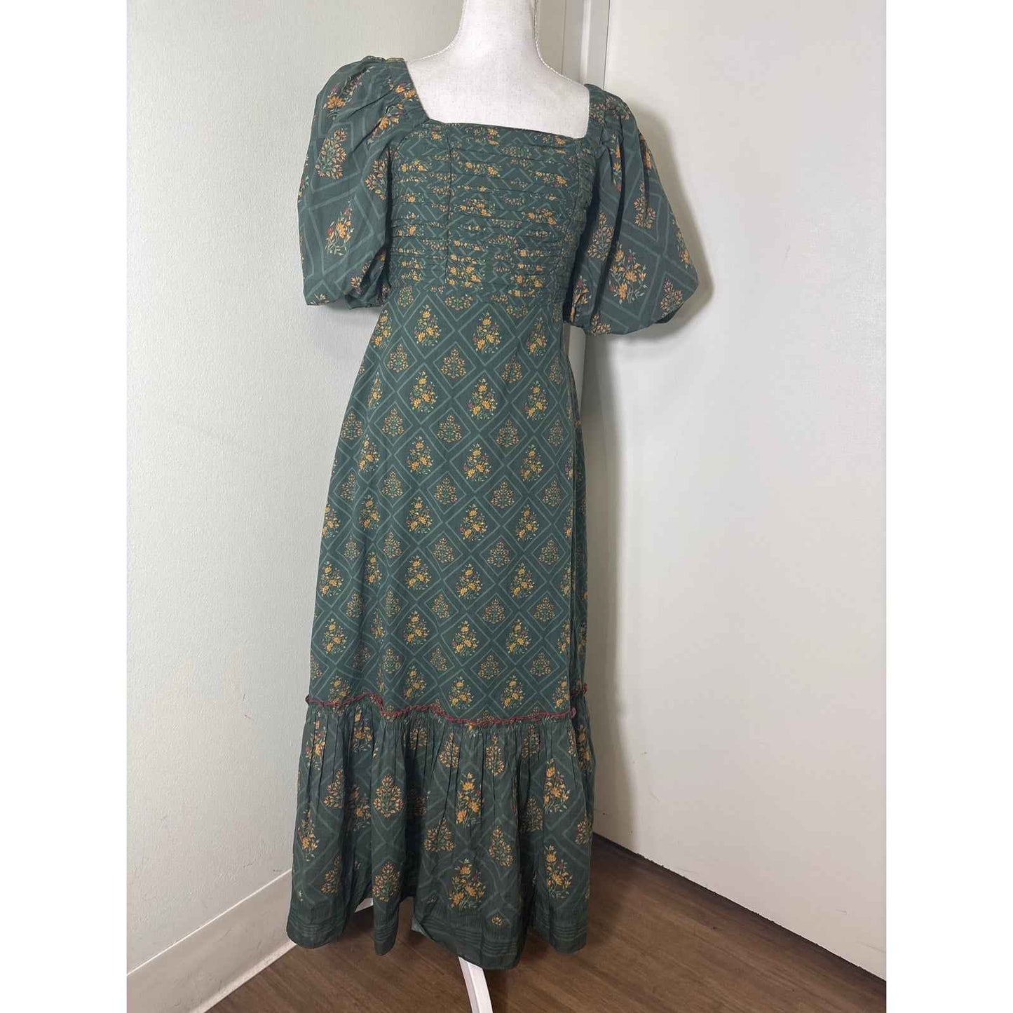 NWT Anna Cate Dark Green "Diamond Floral" Cotton Maxi Dress Sz XS