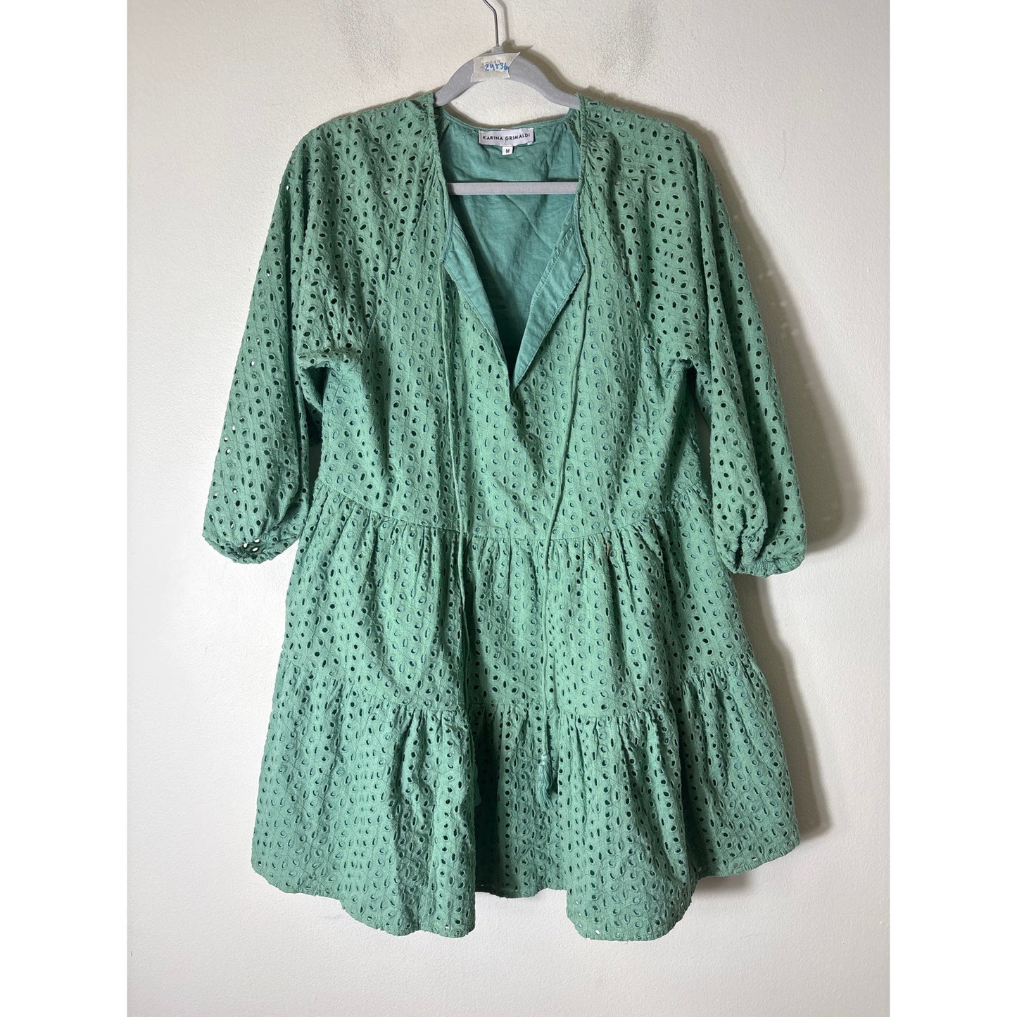 Karina Grimaldi Sage Green Eyelet Long Sleeve Tiered Mini Dress Sz M