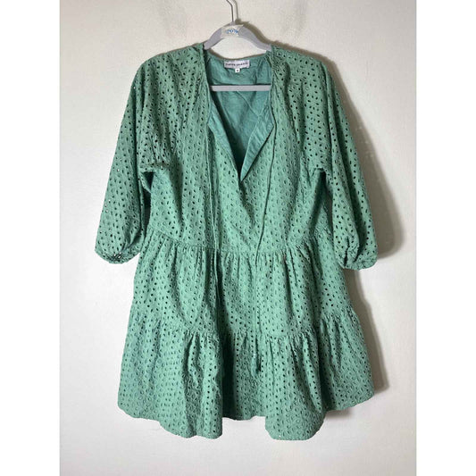 Karina Grimaldi Sage Green Eyelet Long Sleeve Tiered Mini Dress Sz M