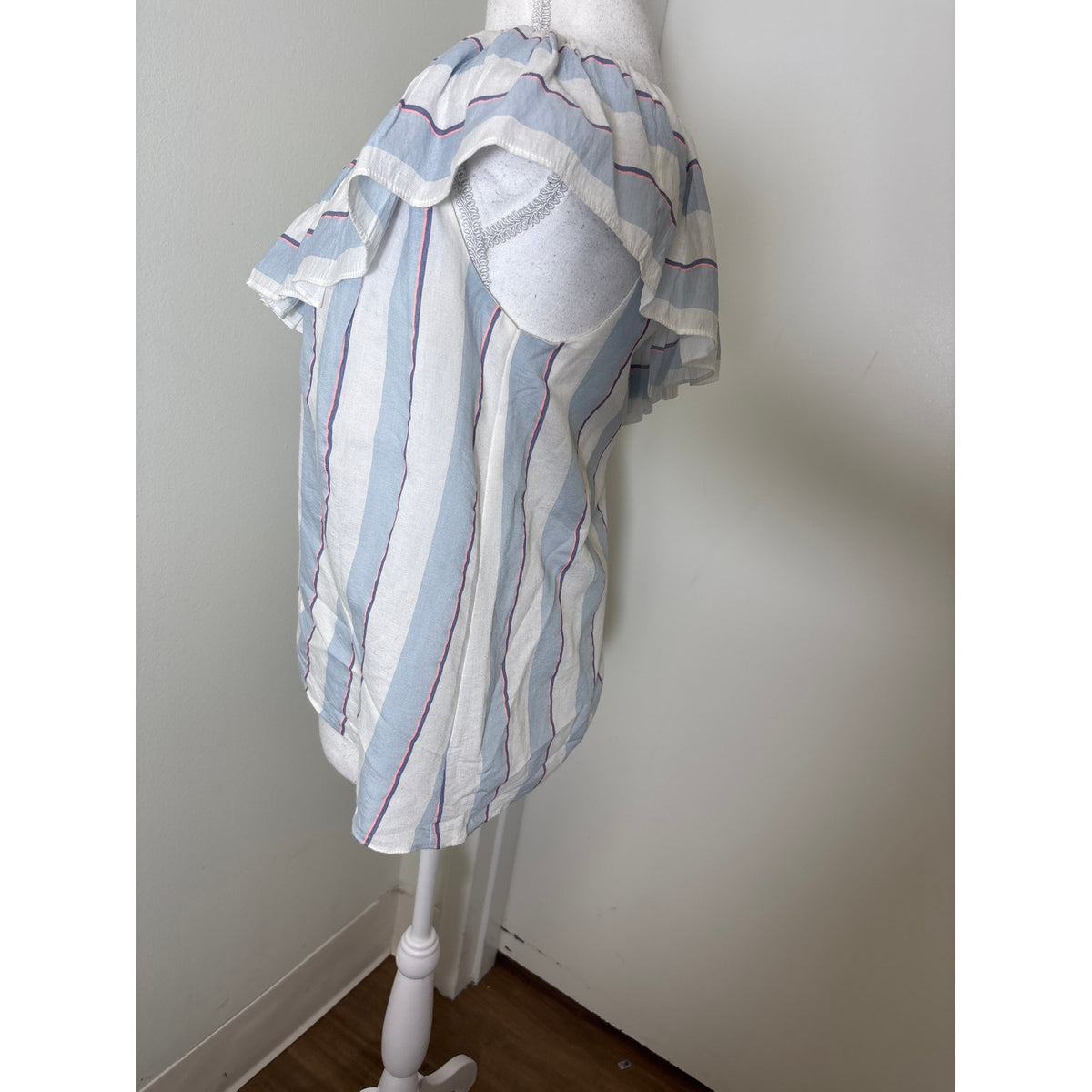 Parker One Ruffle Shoulder Blue and White Stripe Top Sz S