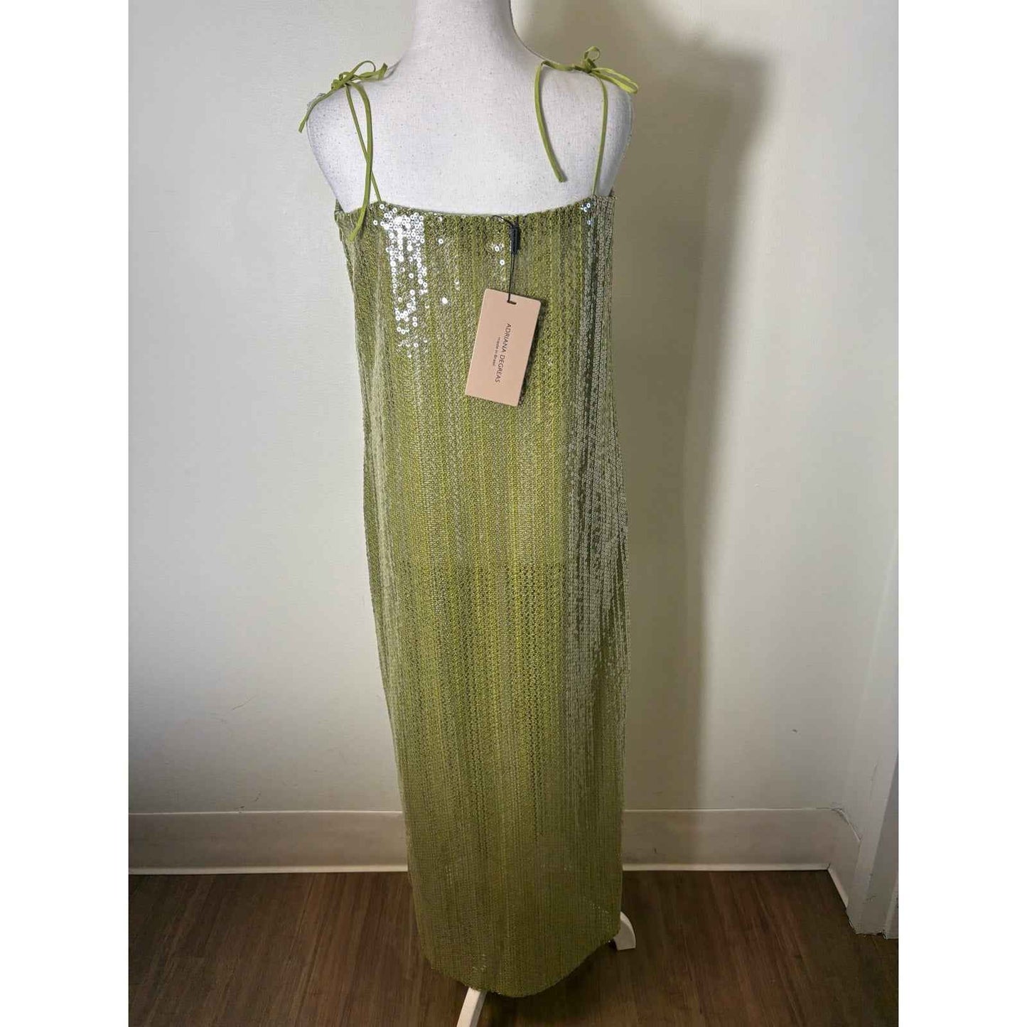 NWT Adriana Degreas Pistachio Sequin Midi Cocktail Dress Sz M