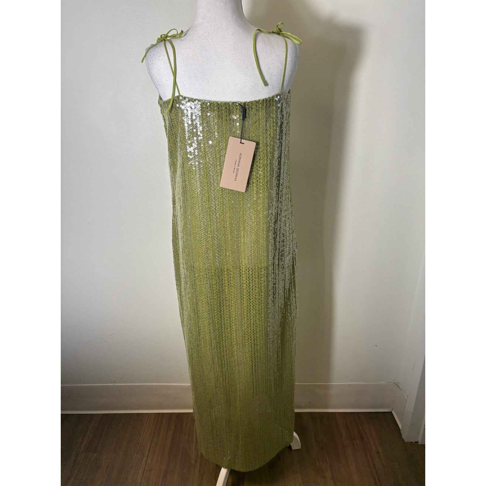 NWT Adriana Degreas Pistachio Sequin Midi Cocktail Dress Sz M