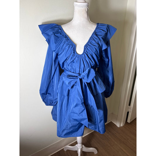 Tanya Taylor Cobalt Blue Taffeta Tiered Cocktail Dress Sz 6