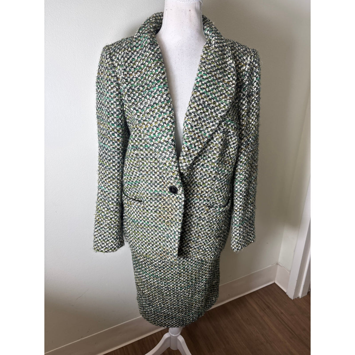 Lafayette 148 Green Tweed Long Sleeve ONe Button Blazer and Skirt Set Sz 14