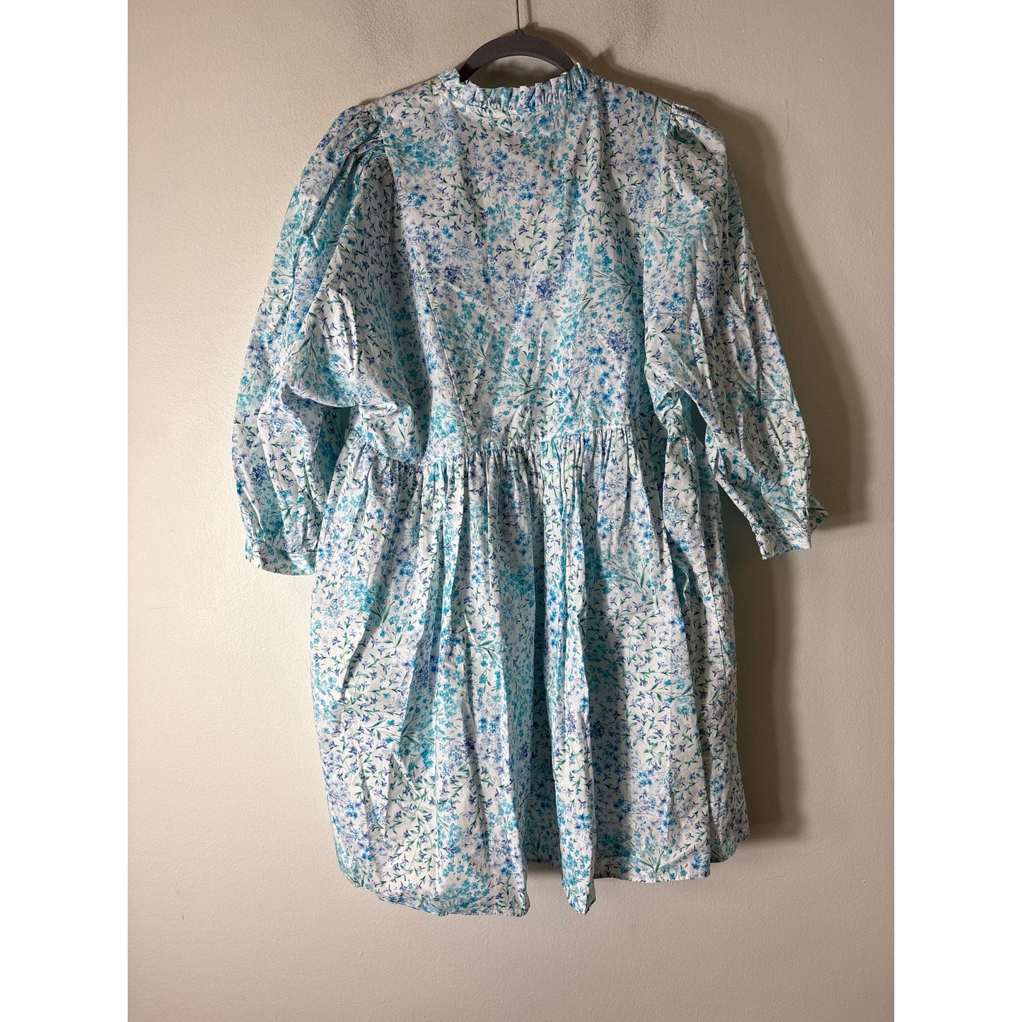 Zara Blue Green Floral 3/4 Sleeve Cotton Mini Dress Sz L
