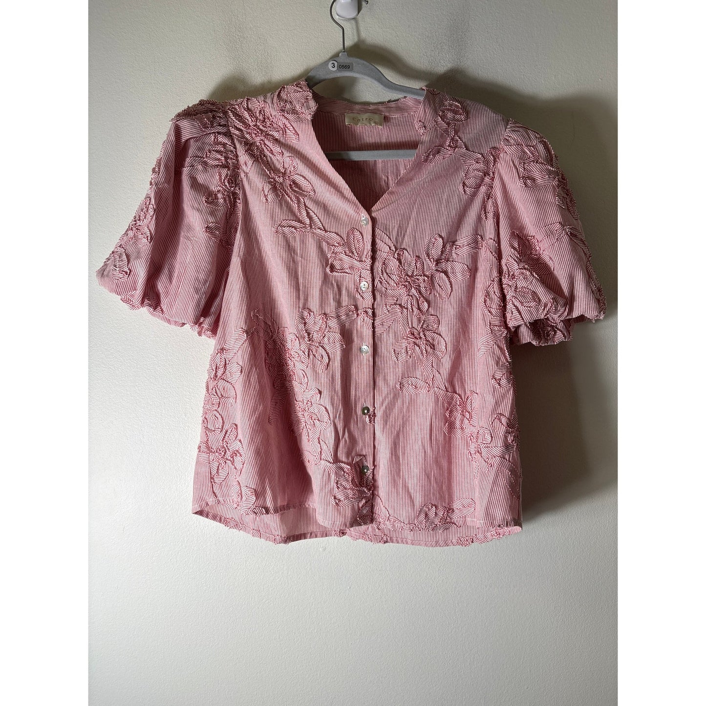 Entro Red and White Stripe Embellished Button Up Top Sz S