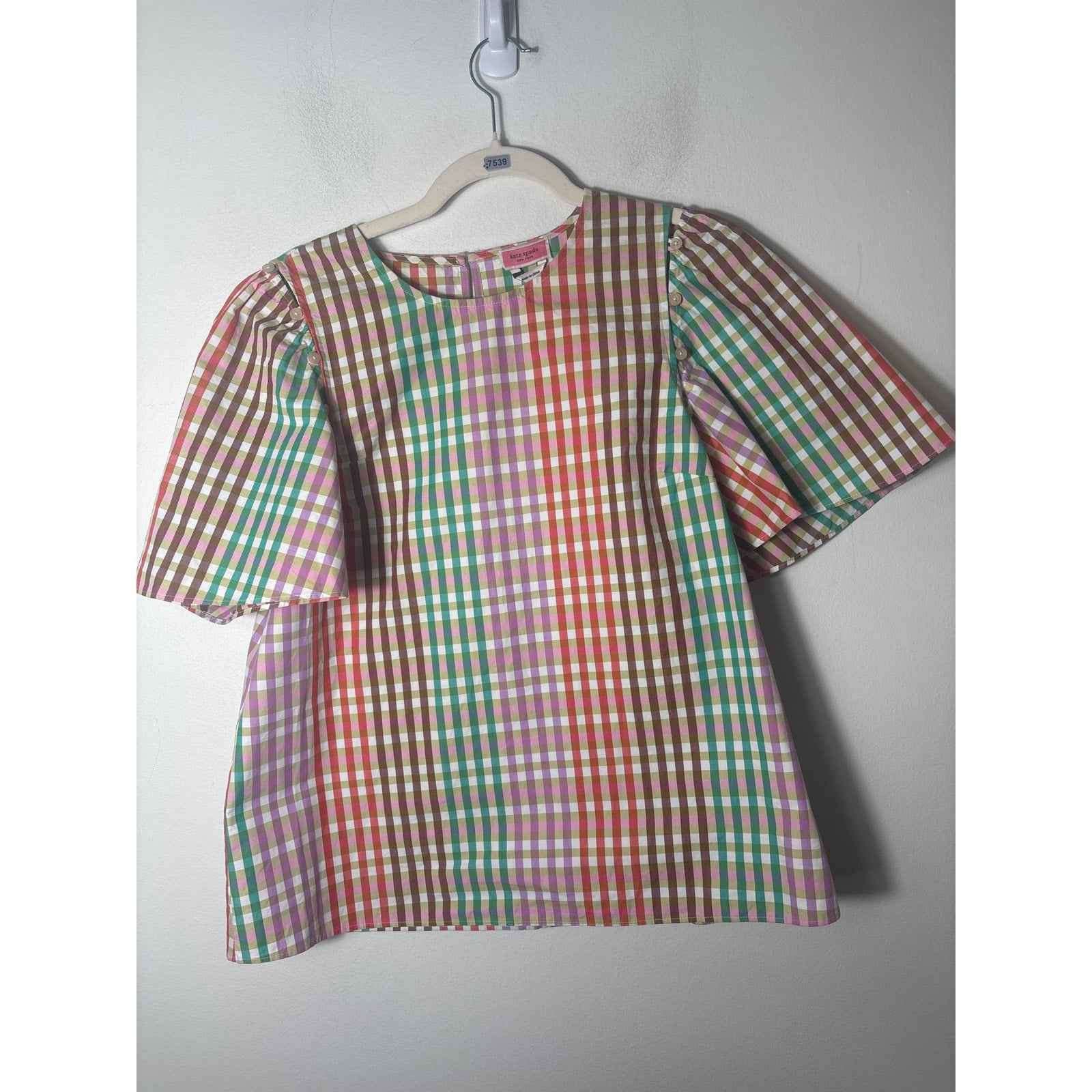 Kate Spade Multicolor Plaid Flutter Sleeve Cotton Top Sz M
