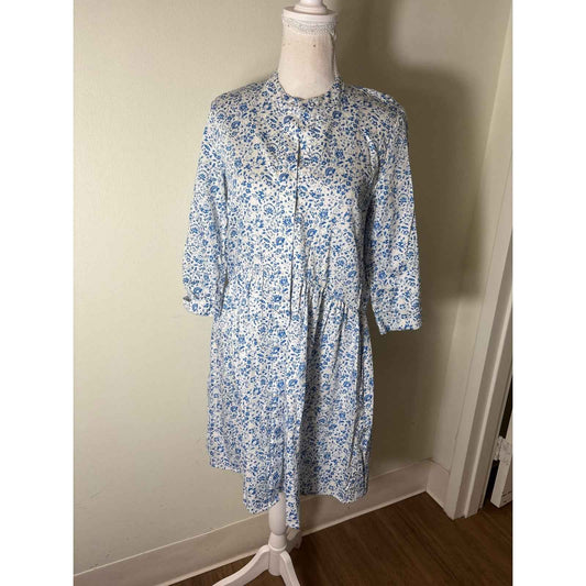 Tuckernuck Blue Floral 3/4 Sleeve Button Up Cotton Knee Length Dress Sz XS