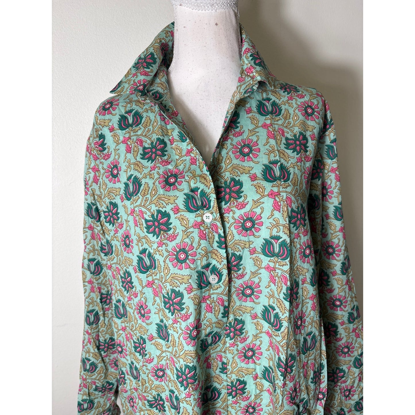 NWT Mille Green Pink Long Sleeve Cotton Maxi Dress Sz L