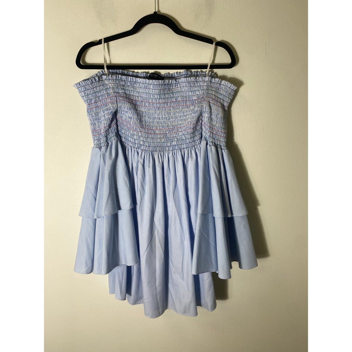 Central Park West Light Blue White Stripe Cold Shoulder Smocked Dress Sz M