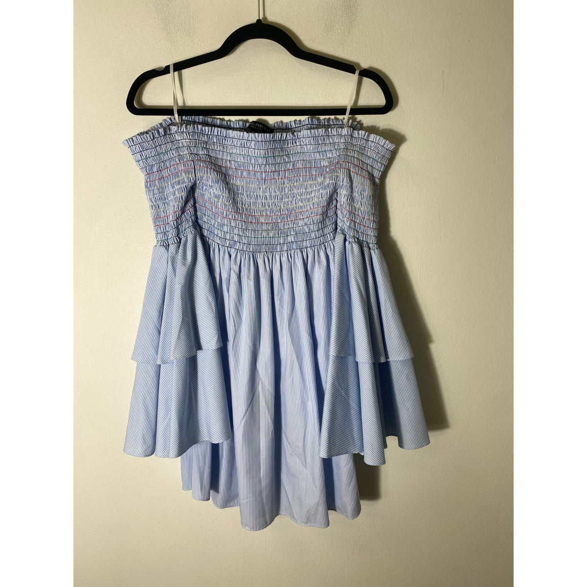 Central Park West Light Blue White Stripe Cold Shoulder Smocked Dress Sz M