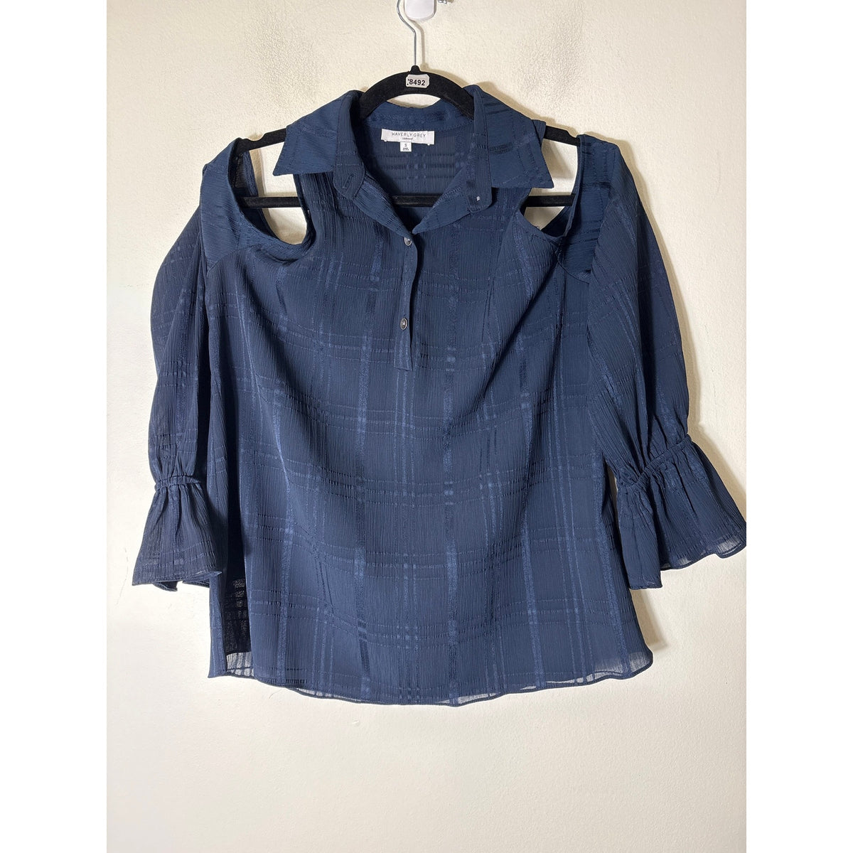 Waverly Grey Navy  Cold Shoulder Button Up Top Sz S