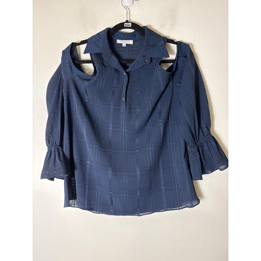 Waverly Grey Navy  Cold Shoulder Button Up Top Sz S