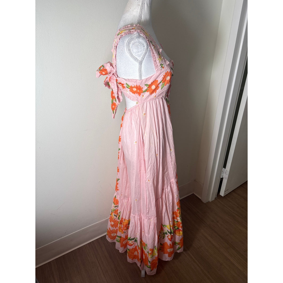 FArm Rio Pink Orange Floral Backless Cotton Maxi Dress Sz S